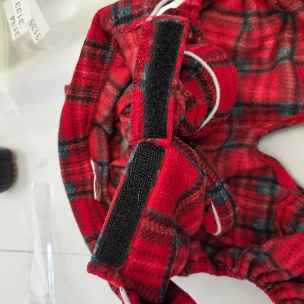Red Black Plaid Fleece Dog Pajamas Medium Velcro Closure Holiday Pet Onesie